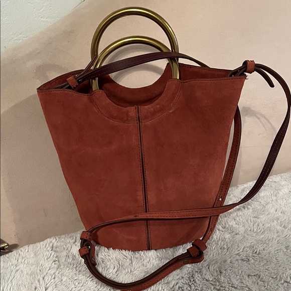 J. Crew Handbags - J. Crew Rust Suede Bucket Bag with Brass Ring Handles